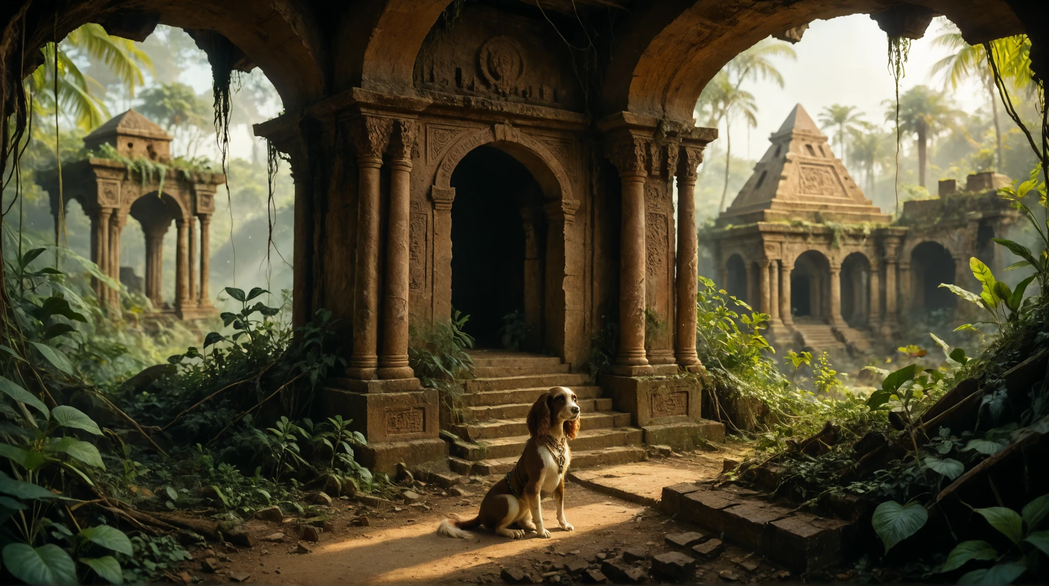 (anthro springer spaniel) girl in foreground wearing a dark green leather hunting vest and khaki skirt, while writing in a journal. Springer Spaniel Girl sits hunched over a journal in the foreground with ruins in the background. Set in an unexplored jungle and ruined Aztec pyramid covered in vines. backdrop that is covered in ferns and jungle foliage, colorful insects, skulls. springer_spaniel, thick tail, (brown fur), paws, flat chest, tall and curvy, expedition clothing. ancient ruins, Aztec step pyramid, sunset, jnglruins. dramatic lighting, god rays, dynamic angle, rim light, cowboy shot, cinematic composition, depth of field, golden ratio