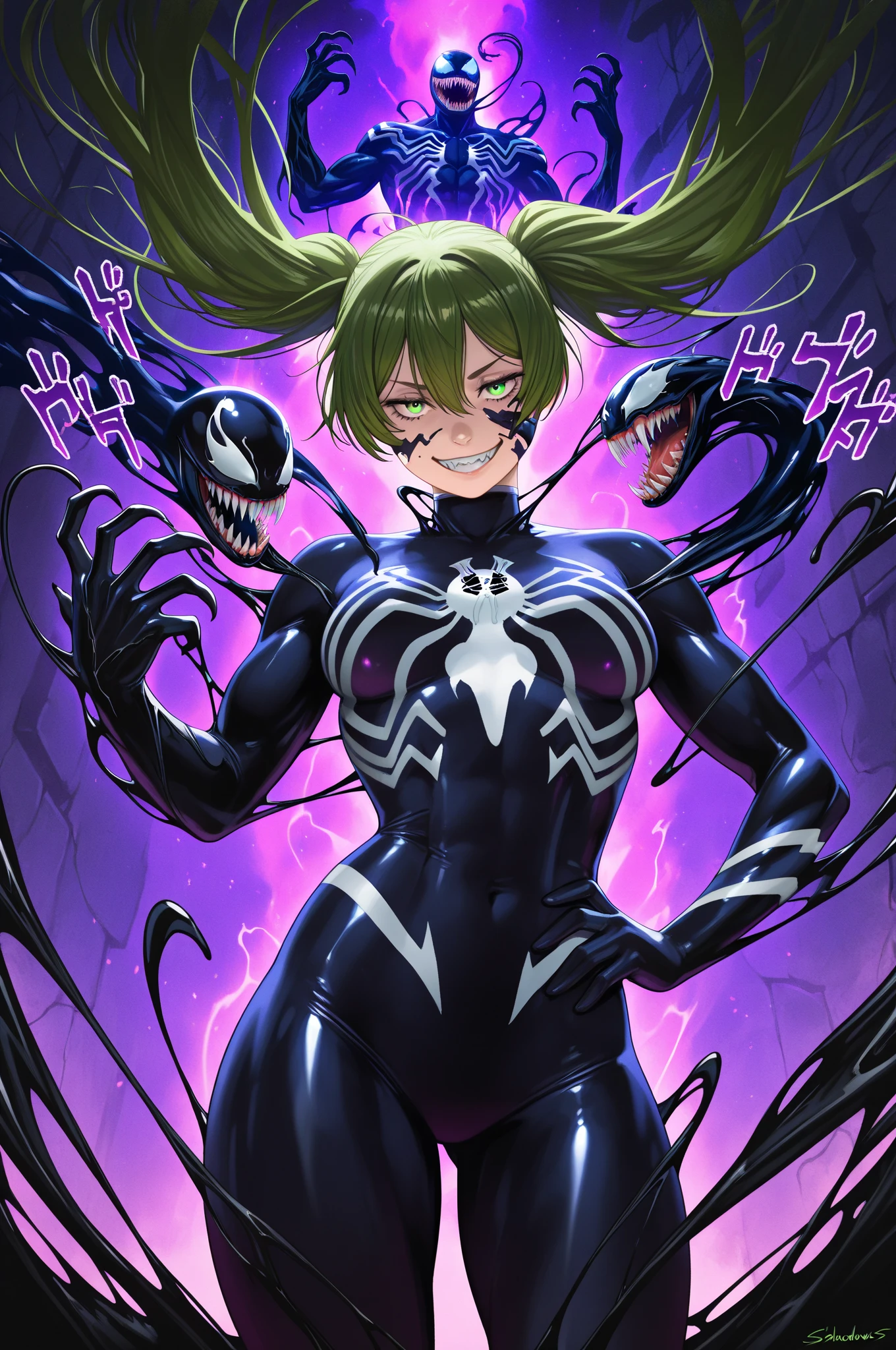 The woman in the image has a unique and unusual appearance, with a long body and a slender figure that seems designed for speed and agility. Her legs are slender and muscular, tapering to a point at the ankles, while her long, delicate arms end in graceful hands. Her torso is narrow and flexible, allowing for a wide range of movement. Her face is large and rounded, with a small, pointed nose and expressive eyes that convey emotion. She is wearing a tight-fitting green outfit that fits her slender body, complemented by a large helmet that may be both functional and stylistic. The metallic exoskeleton carries her on her back. This symbiotic relationship between the woman and the dragon suggests a harmonious collaboration as they navigate the environment together. The woman's  are notably large, measuring 115.5 cm in diameter, adding to her impressive presence in the image. The combination of the dragon's agile strength with the woman's modern aesthetic creates a fascinating visual moment of mutual cooperation as they traverse the landscape together, alternate  size