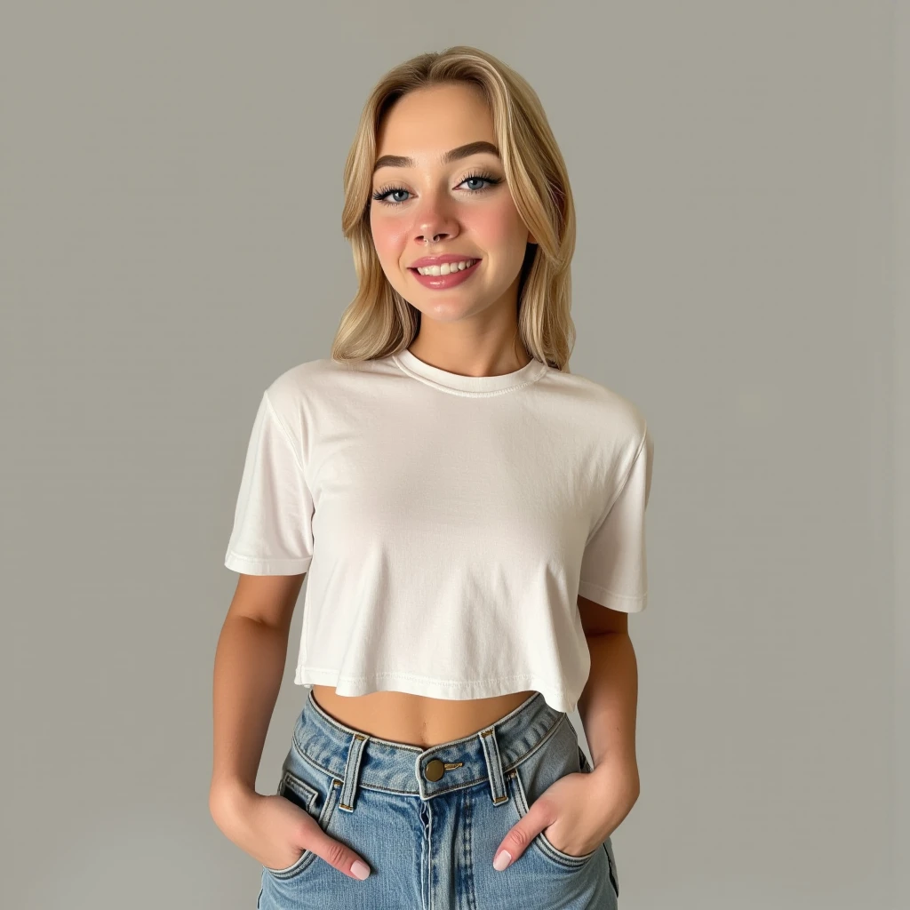 A 21 year old girl named Kate with short blonde hair, beautiful medium breasts, her height is 1.60, white British style, her eyes are light blue, Kate is beautiful, angelic face, has freckles in the nose area, Kate is wearing a light pair of jeans with a denim jacket and a white t-shirt also light in color, Kate wears an All Star sneaker. Kate is in a very beautiful and well-lit restaurant, on the table a strawberry milkshake, kate is happy to be at her favorite restaurant