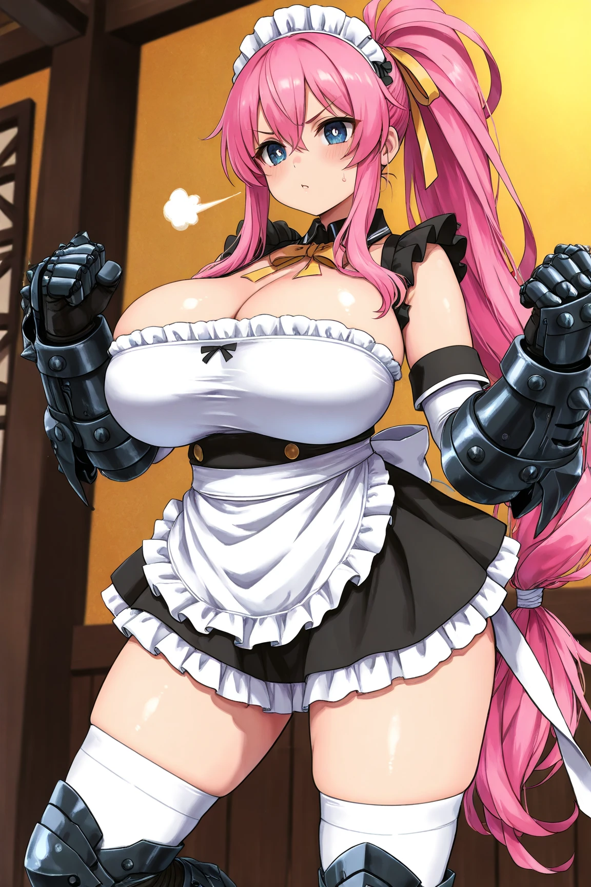 ingrid, (naked),(Corset:1.2),navel,long glove,stocking,fishnets,large breasts,erected nipples,maid headdress,mature female, (dark-skinned female:1.2), dark skin, determined, pink red hair, ponytail,very long hair, hair intakes, makeup, lipstick, (mole under mouth:0.8), eyelashes, yellow eyes, looking at viewer,(casino),(highres, high quality:1.1), intricate details, cinematic lighting, 1girl,(red blush,embarrassed),(metal collar:1.2),show off pussy,Carrying cocktail tray,