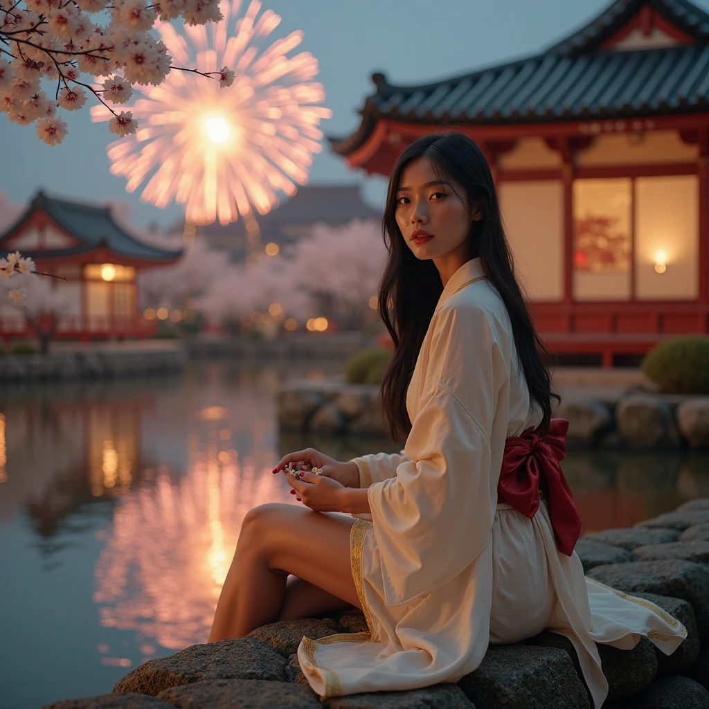(filmgrain:1.4),(Fuji colors:1.2), No makeup,Clear pores,1 cute Japanese girl, 26 year old, Solo, Extremely detailed eye clarity,Detailed skins,Realistic skin texture,Real skin texture,Highly Detailed Face and Skin Textur,(D cup,broad shoulder,Small round buttocks,Small head, Slender thighs, Slender calves, Wear a long yukata), (cabelos preto e longos/Hippie fever/Hair tied), (Laughing heartily),(In front of a Japanese temple, Behind the girl lay taiko drums of different sizes, The girl is playing a drum), Beautiful starry sky, themoon, 真实感:1.3,Dynamic shots:1.2, Large close-up of the girl's face, Ultra photo realsisim,Photo realism,Add noise:1.5, Doji diffraction, Action:0.6,