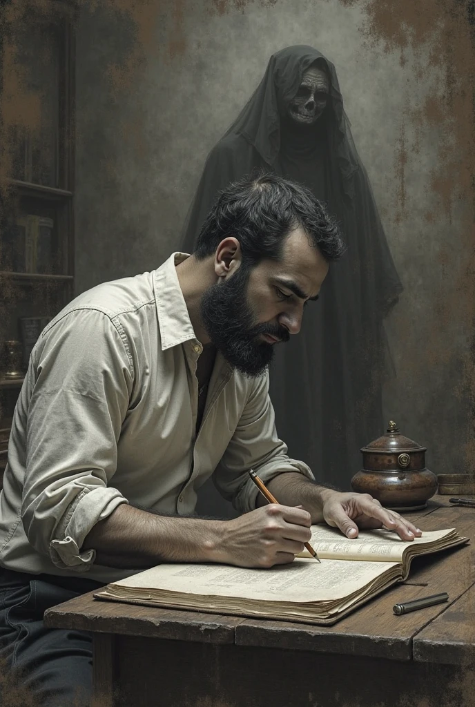 Man psychographing with pencils and notebook and a ghost in the ...
