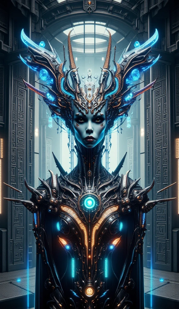 (female Protogen),cyberpunk,mechanical,glowing eyes,metallic surface,digital display,advanced technology,futuristic,neon lights,electromagnetic field,sharp edges,streamlined design,digital organism,biomechanical,mysterious atmosphere,glass visor,enhanced senses,energetic pose,invisible circuits,holographic projections,colorful wires,female cyborg