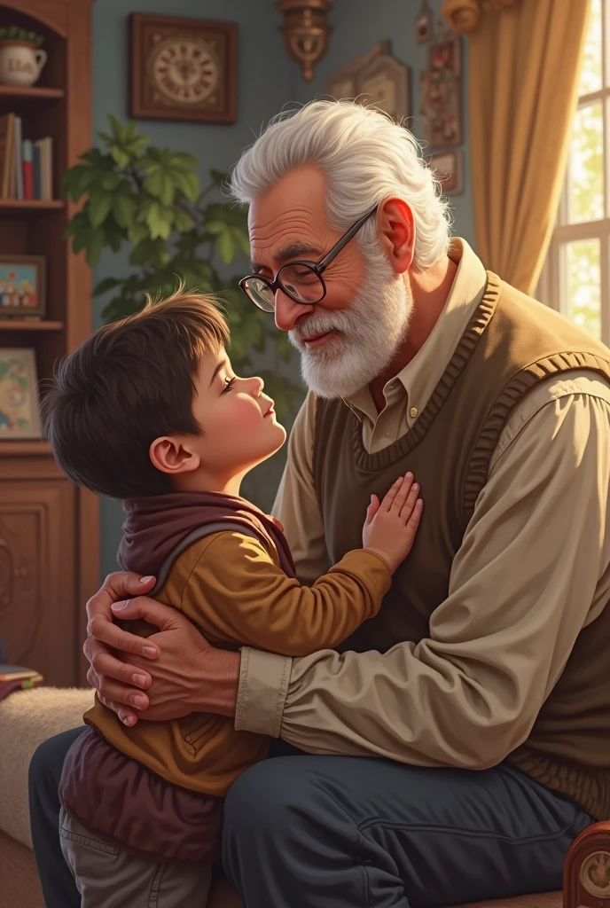 A cozy, dimly lit room where a grandfather and a young boy are seated together. The grandfather is gently talking to the boy, perhaps with a reassuring hand on his shoulder or a comforting gesture. The room is softly illuminated by a warm, ambient light, such as a lamp or a small light source, creating a serene and intimate atmosphere. The dark surroundings emphasize the focus on the comforting interaction between the grandfather and the boy, highlighting the emotional connection and warmth of the moment.