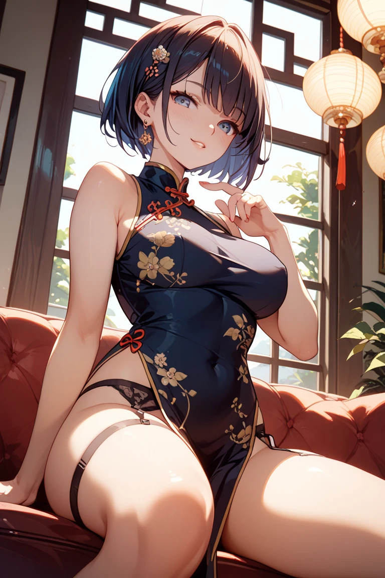 slender, mature female,rating:safe, 1girl, dress, breasts, chinese_clothes, china_dress, earrings, solo, sitting, cleavage_cutout, bare_shoulders, brown_eyes, cleavage, looking_at_viewer, jewelry, pantyhose, sleeveless, bangs, hair_bun, thighs, medium_breasts, sidelocks, black_hair, sleeveless_dress, closed_mouth, bare_arms, brown_hair, table, side_slit, large_breasts, curtains, black_legwear, chair, blue_dress, indoors, long_hair, hair_ornament, thigh_strap, eyebrows_visible_through_hair, short_hair, thighband_pantyhose, short_dress, smile