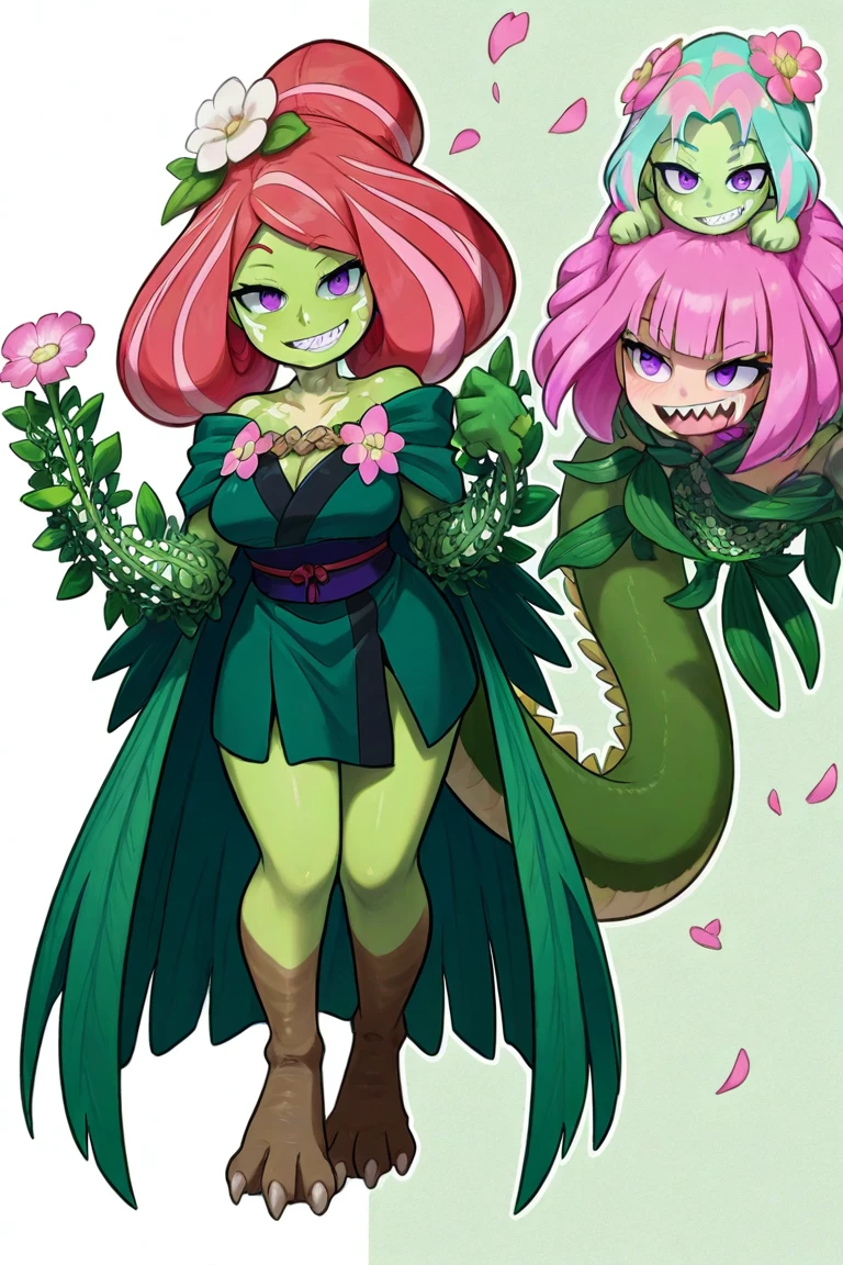 Two Girls、((Both have pale blue skin.))、((Both have long, blue-purple hair.))、Araune、roseの花、Huge 、belly button、(Clothes made up of thick vines and leaves)、rose、Parted lips、Pointed Ears、(Red eyes),(首と髪にroseの花),(Full nudity),(Thick vines with thorns crawl all over the body)