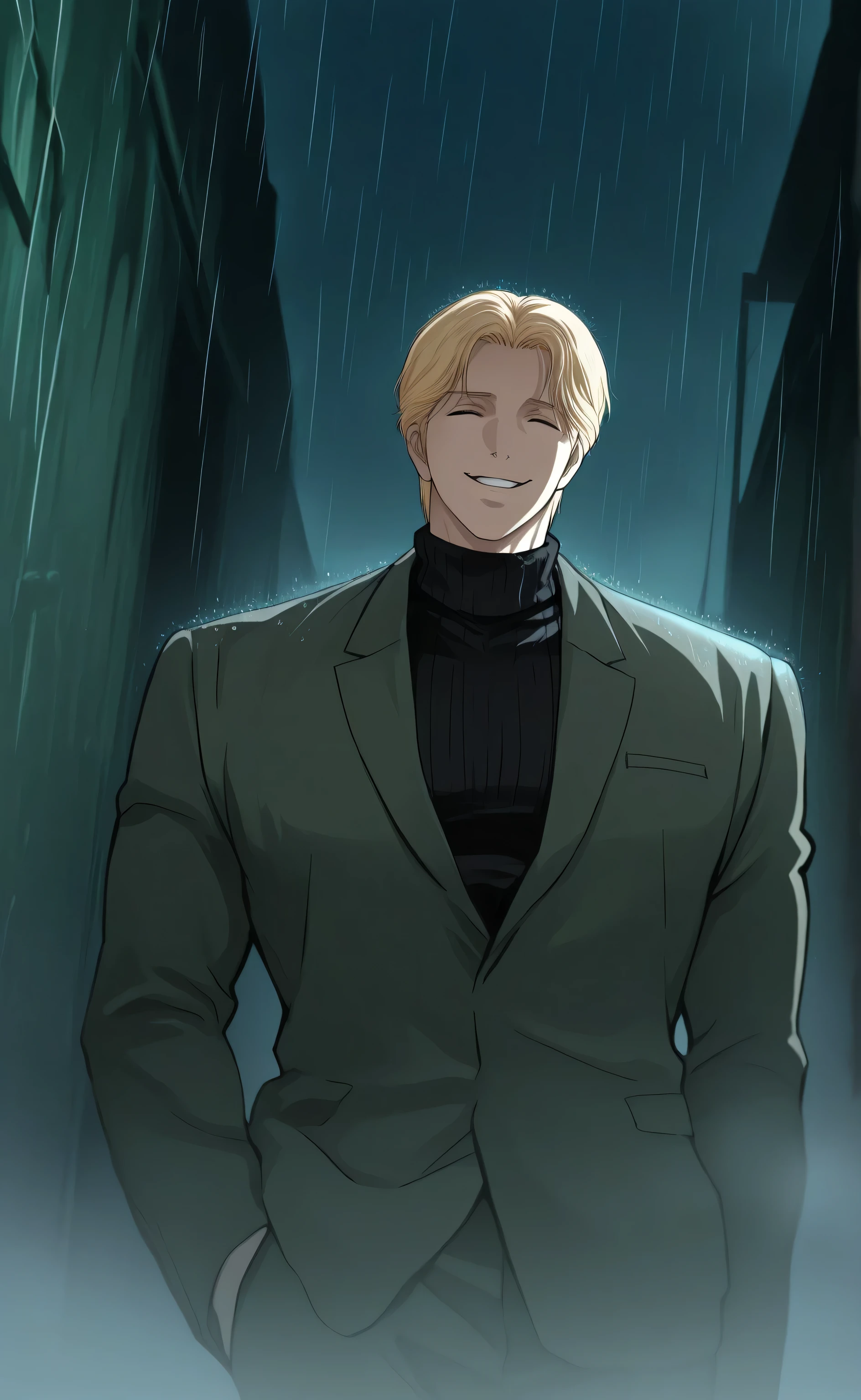 1male,solo,Johan Liebert,blond hair,short hair,closed eyes,evil grin,green beige suit,black turtleneck,muscle,night,alley,rain,fog,Lookism
