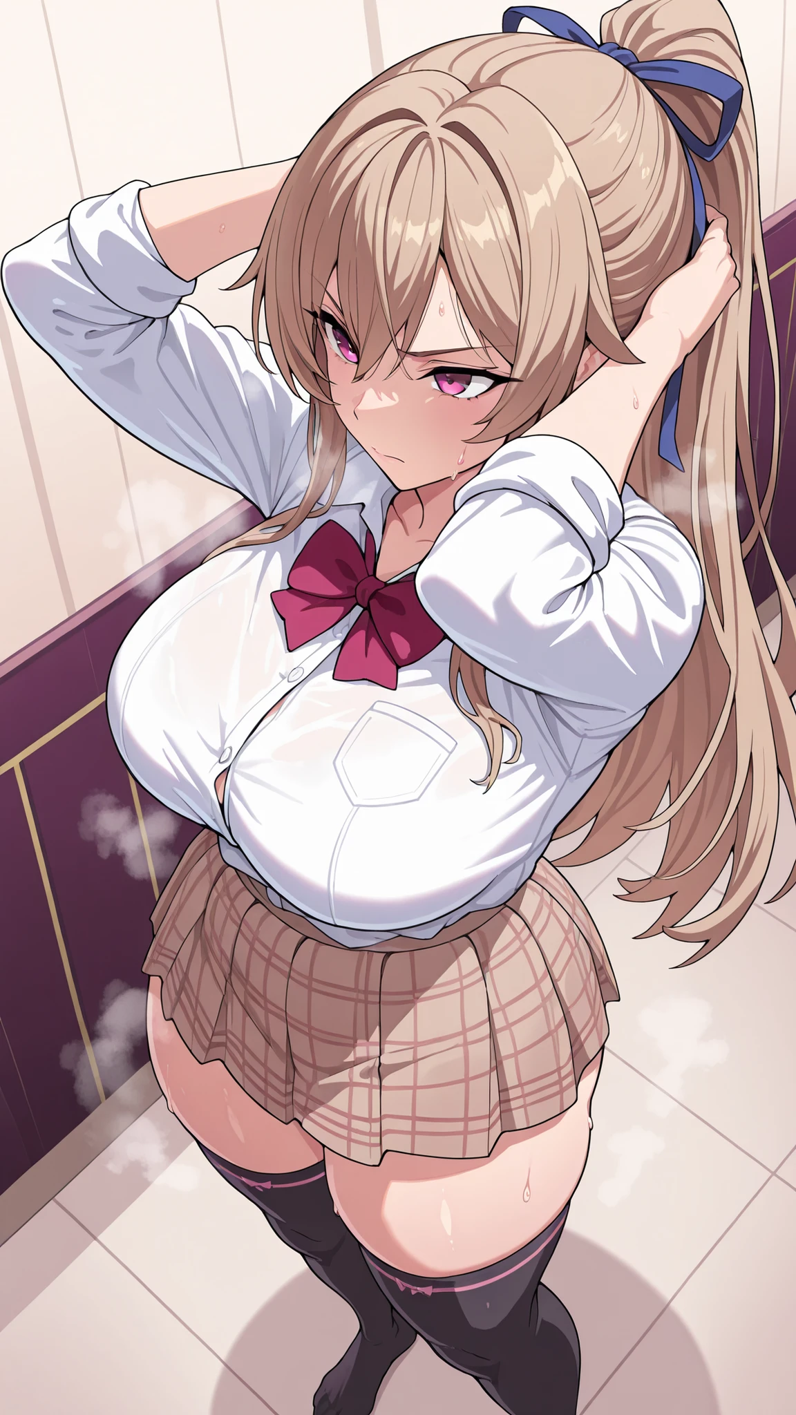 (Magazine Cover:1.8)、((From below:1.2))、stand with feet apart、 Black gal, highest quality、超High resolution、High resolution、Extremely detailed CG、8k unit wallpaper、20-year-old、Beautiful details,Platinum Blonde Hair、Braiding、(((Ultra shiny wine red panties)))、((( tie shirt , Cropped shirt , Pleated skirt , Cleavage ,)))、(Shiny body,:1.5)、 Embarrassing、((((Very embarrassed face:1.4)),)、((Panty shot))、(Crotch close-up)、((Raise the skirt yourself)),((Very large breasts))、Written boundary depth, (From belowの眺め:1.2),((Panty shot))、((Camel Toe))、((From below:1.1))、((Spread your legs:1.3))、((Huge breasts:1.2))、((Big Hips:1.3))、((Spread your legs:1.3)),(((Squat:1.1)))、(((Spread your legs)))、