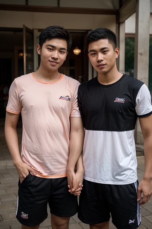 Full body image of two handsome Asian teenagers, 15 year olds, standing with their backs to the viewer, looking for a friend to take a shower in the middle of a rainy Bangkok alley.,Triangular underwear with rubber waistband,Heavy rain,There is a small star tattoo on his chest.,Among the many smiling students in the background
