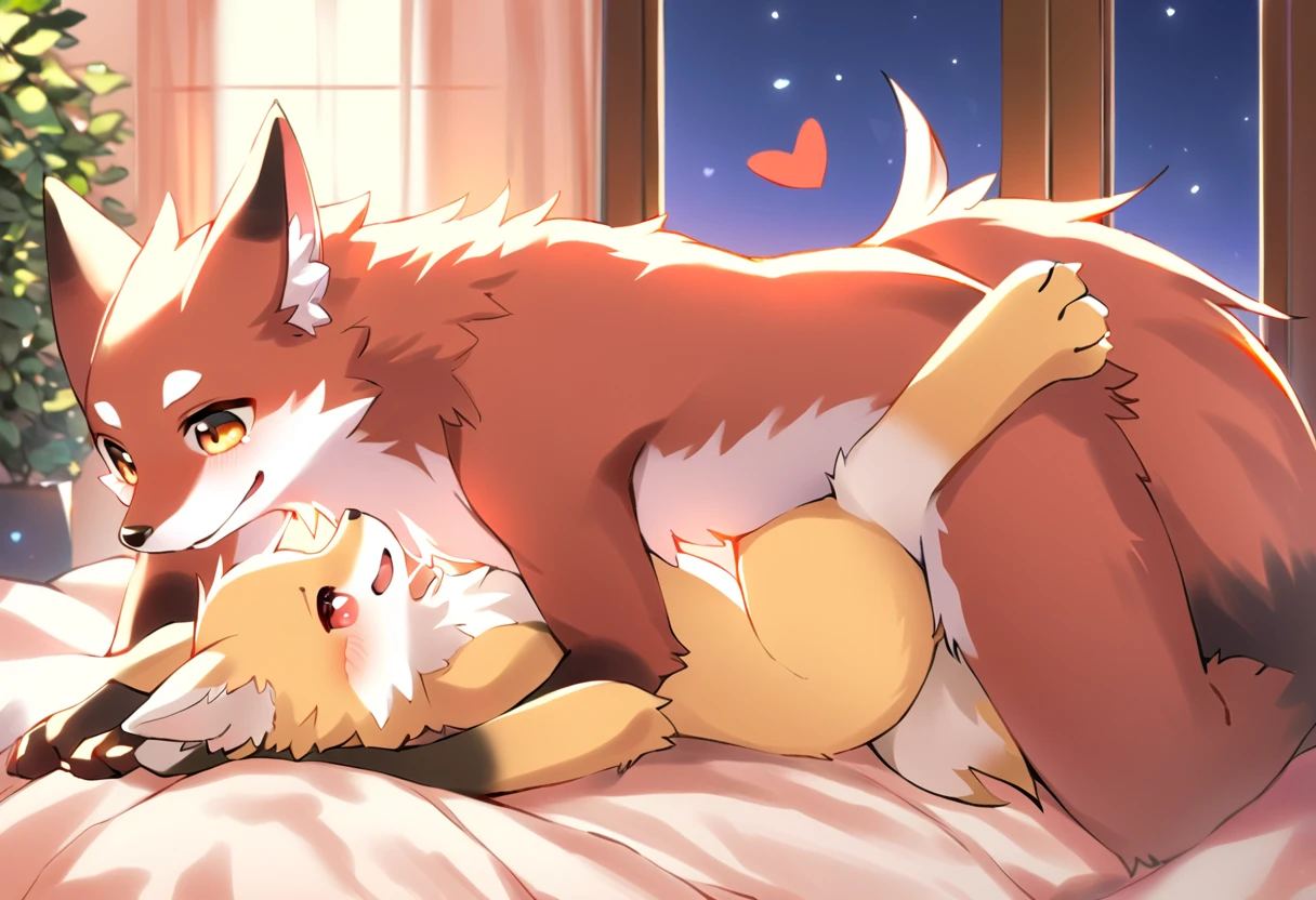 Dog boy and fox girl, 4k quality,High resolution, Holding hands,kiss,Drooling, Wearing a red collar,Feelings of love,Cute Face, Dog crying in bed R-18G collar lead,I feel happy now.！