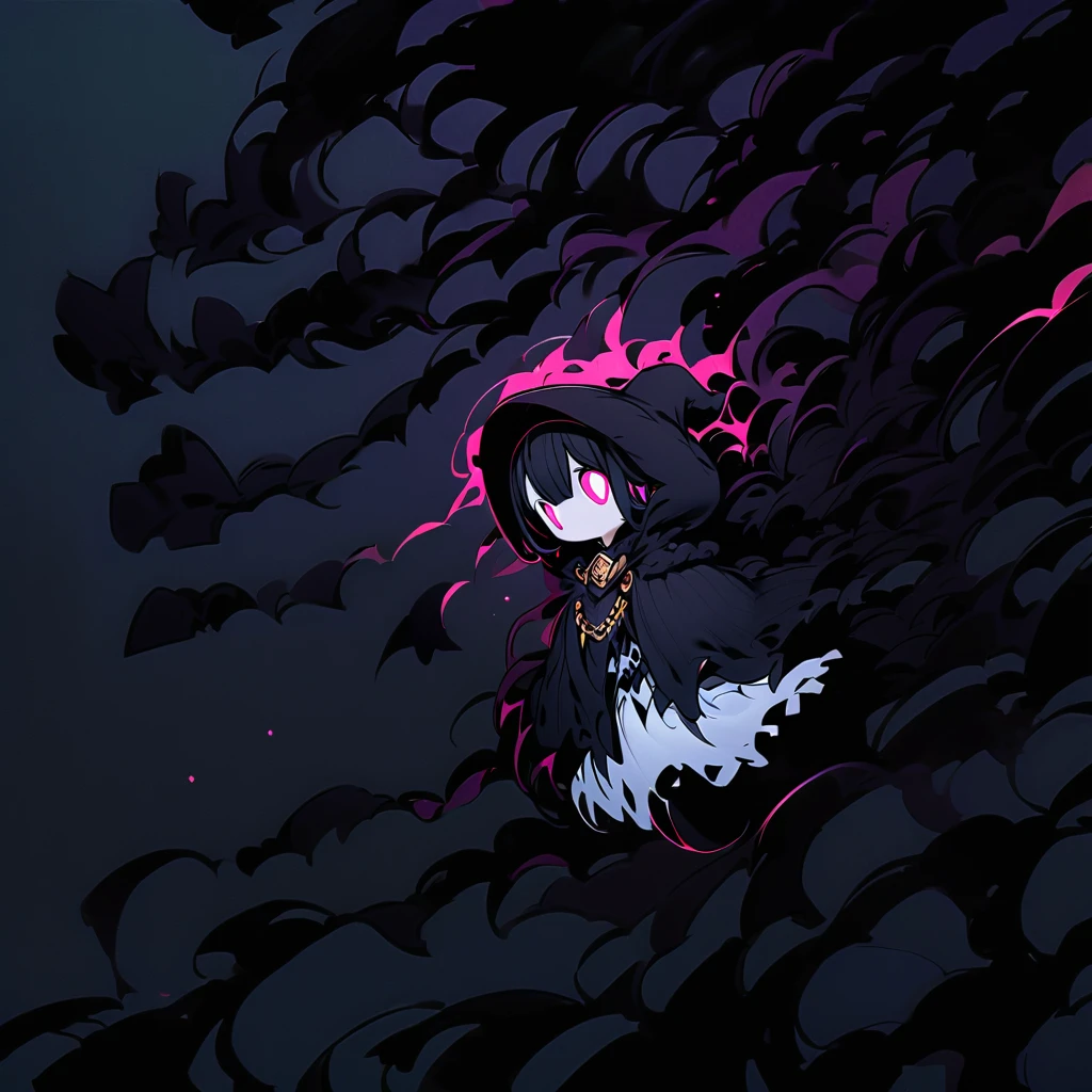 (well done: 1) small creature made completely of darkness, black hair, long straight hair, black sheep ears, black sheep tail, large hat, large white eyes, black poncho with hood, white dress stripped underneath, black boots .