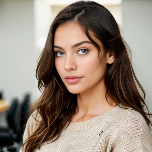 portrait of face and breast,  a 28 years old white girl, long light blonde hair, (busty), Best quality, Highly detailed face,, corrugated, (dark blue eyes) in an apartment, ((unbuttoned black shirt showing wide cleavage)), detailed (textures!, Hair!, brightness, color!, imperfections:1.1), highly detailed bright eyes, (Looking at the camera), specular lighting, digital SLR, ultra quality, sharp focus, sharp, DOF, film grain, (center), Fujifilm XT3, crystal clear, center of frame, Cute face, sharp focus, daylight, (focus on face and breast)
