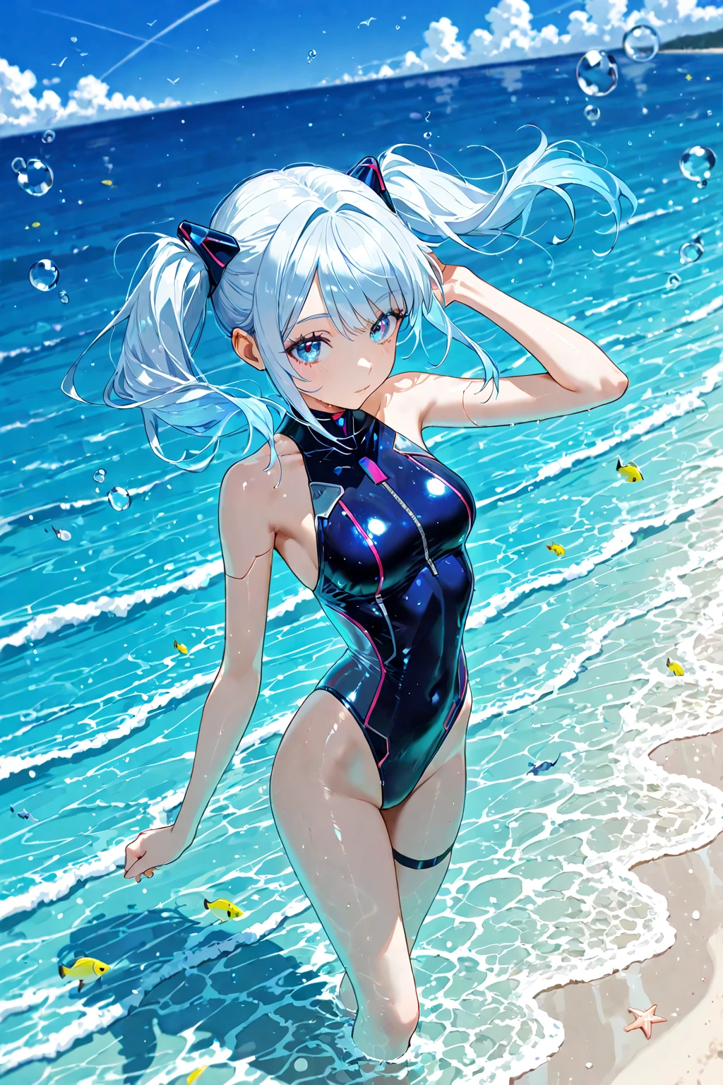 High resolution、Girl、Silver Hair、Long Hair,(Brown skin,Dark Skin,Sunburn),Lion ears、Grey Eyes、Slender、Toned body、Ocean,Swimwear,Halter neck,summer,7moon,Sweat,blue sky,