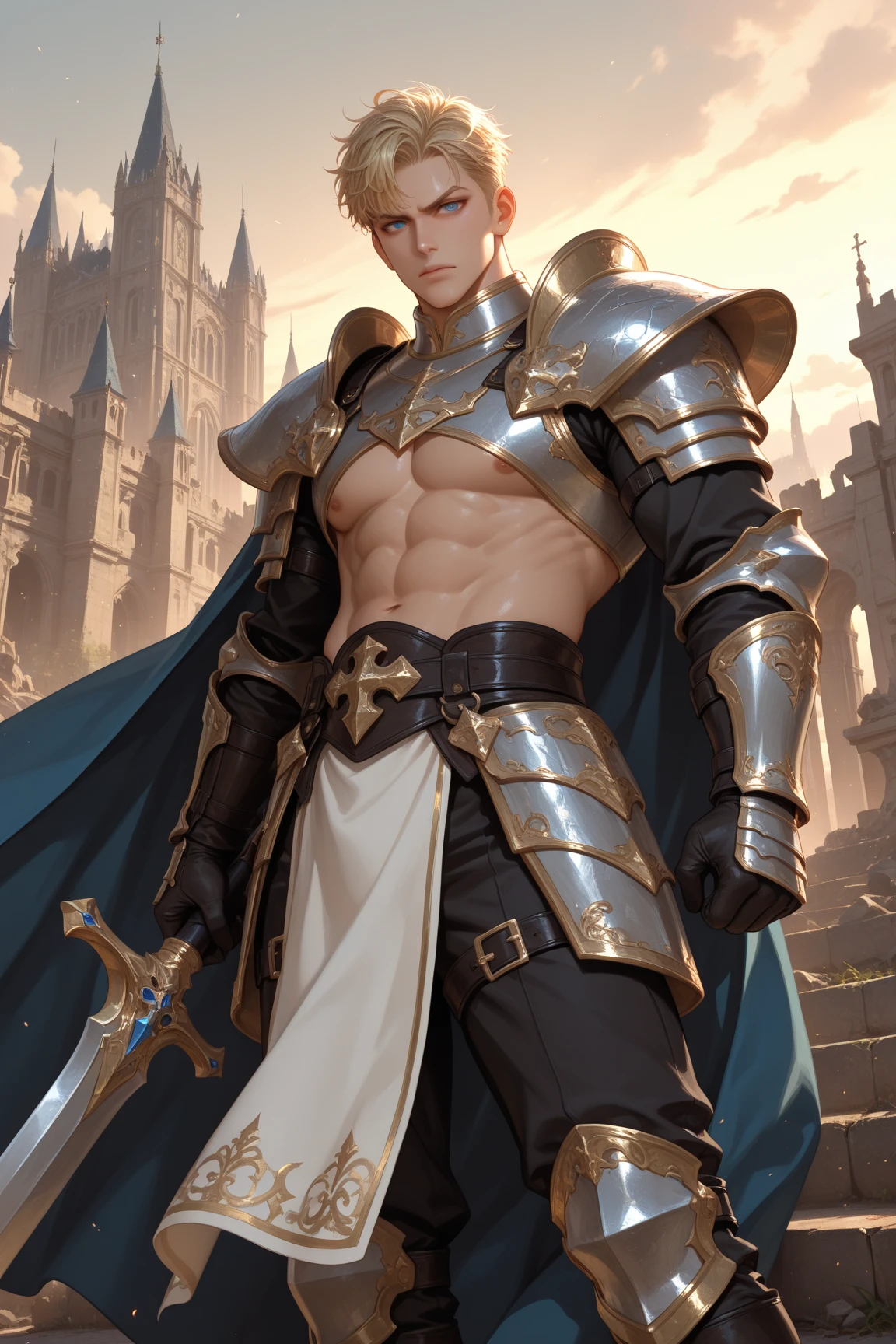 best quality, masterpiece, stocky man with short blond hair, looks like laios touden, dungeon meshi, metal plate armor, , , projectile , bukakke, , disgusted face, , gay, homoerotic, extremely dramatic shadows, romantic atmosphere, perfection, no watermark, no logo, 