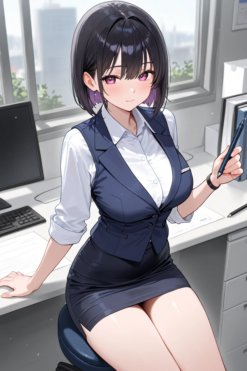(Highest quality, 8K, 32k, masterpiece, Ultra-high resolution: 1.2), 1 Girl, Beautiful Japanese Woman, thinウエスト, (Gray suit), Open jacket, 魅力的なoffice Lady, suit, (Gray Tight Skirt), office, office, machine, Beautiful Face, Brown Hair, Bob Hair, Saggy eyes, Slender figure,Cleavage, thin, whole body, Detailed expression down to the fingertips,Sexy thighs, One Woman, alone, A charming smile,White panties,Peeking inside the skirt from below,Angle from below,Low - Angle