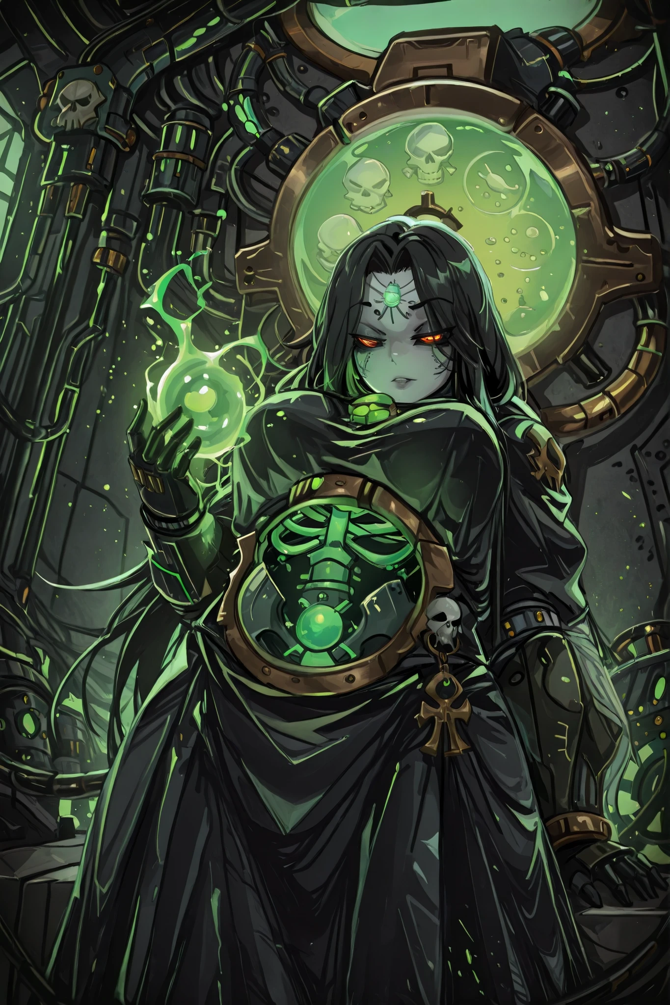 kurenaiz, Drunkr3mbr4ncer, masterpiece, best quality, amazing quality, very aesthetic, high resolution, ultra-detailed, absurdres, newest, scenery, warhammer 40k, necron, 1girl, female necron, black hair, long hair, pale synthetic facial skin, entire body made of translucent green energy, visible robotic skeleton framework within the energy form, ethereal green energy forming feminine curves, transparent green energy breast shape, necron lord clothes, glowing internal mechanical structure, flowing energy body, cybernetic skeleton visible through green plasma form, intricate mechanical details, dark technological background, dramatic lighting, BREAK,