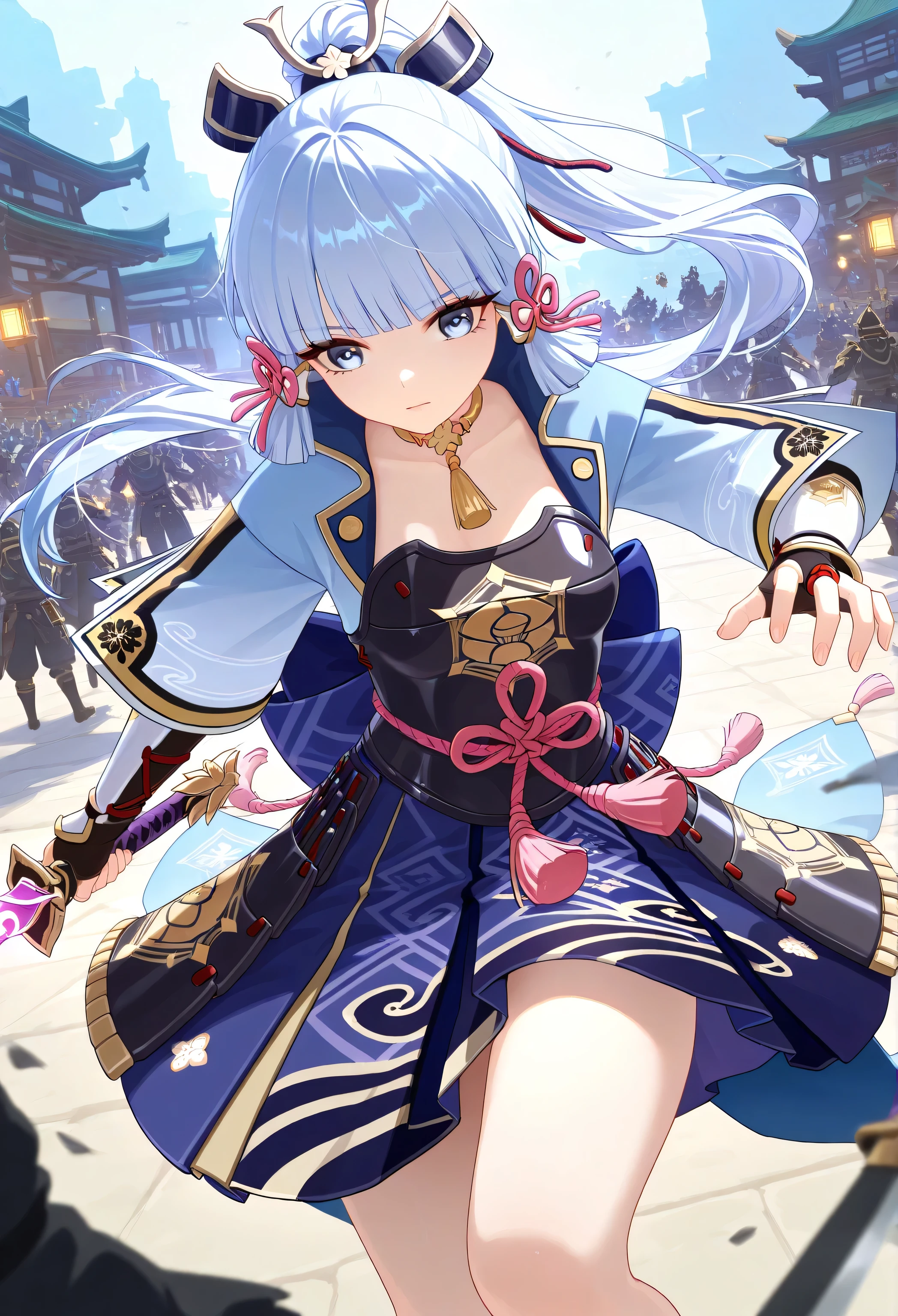 Battlefield, surrounded by several enemies, Multiple characters, 1girl, ayaka kamisato\(genshin impact\), dynamic Fighting, japanese architecture, east asian architecture, outdoor, hyper detailed, high contrast, depth of field, ray tracing, best lighting, cinematic composition, beautiful face, beautiful eyes, sharp focus, masterpiece, best quality, very aesthetic, absurdres, detailed background, manhwa, soft details, expressive eyes, detailed look, soft atmosphere, cute style, solo, long lower and upper eyelashes, carefully crafted hair and eyes, sword, holding weapon, special attention is paid to the illustrations of the characters