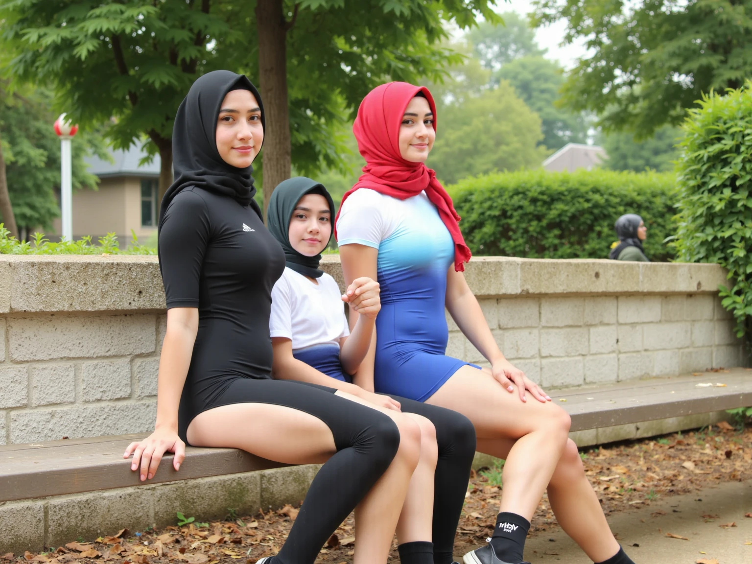 RAW, Best quality, high resolution, Masterpiece: 1.3), Beautiful malay woman in rugby outfit wearing shawl style hijab, non naked, wearing jersey outfit, ((2 females, groping each others breasts, breasts groping from behind)), flawless face, cute face, pretty malay face, beautiful white teeth, Masterpiece, Perfect plump body, full body, sexy rugby outfit, tight breasts, short hair, ((wearing black shawl style hijab, wide and long hijab)), covered in cum, soaked in semen, beautiful big eyes, watery eyes, Soft smile, smiling, breezy, skin details, skin texture details, wide hips, thick thighs, sexy plump body, morning time, happy, bright sunshine, at football field, blurred background, bokeh, ((white, black and grey outfit, wearing baggy rugby jersey shirt short sleeves, wearing black handsocks, wearing tight shorts, wearing black long socks, wearing sweater)), ((standing, sexy legs)), ((hands above breasts)), ((wearing long black gloves))