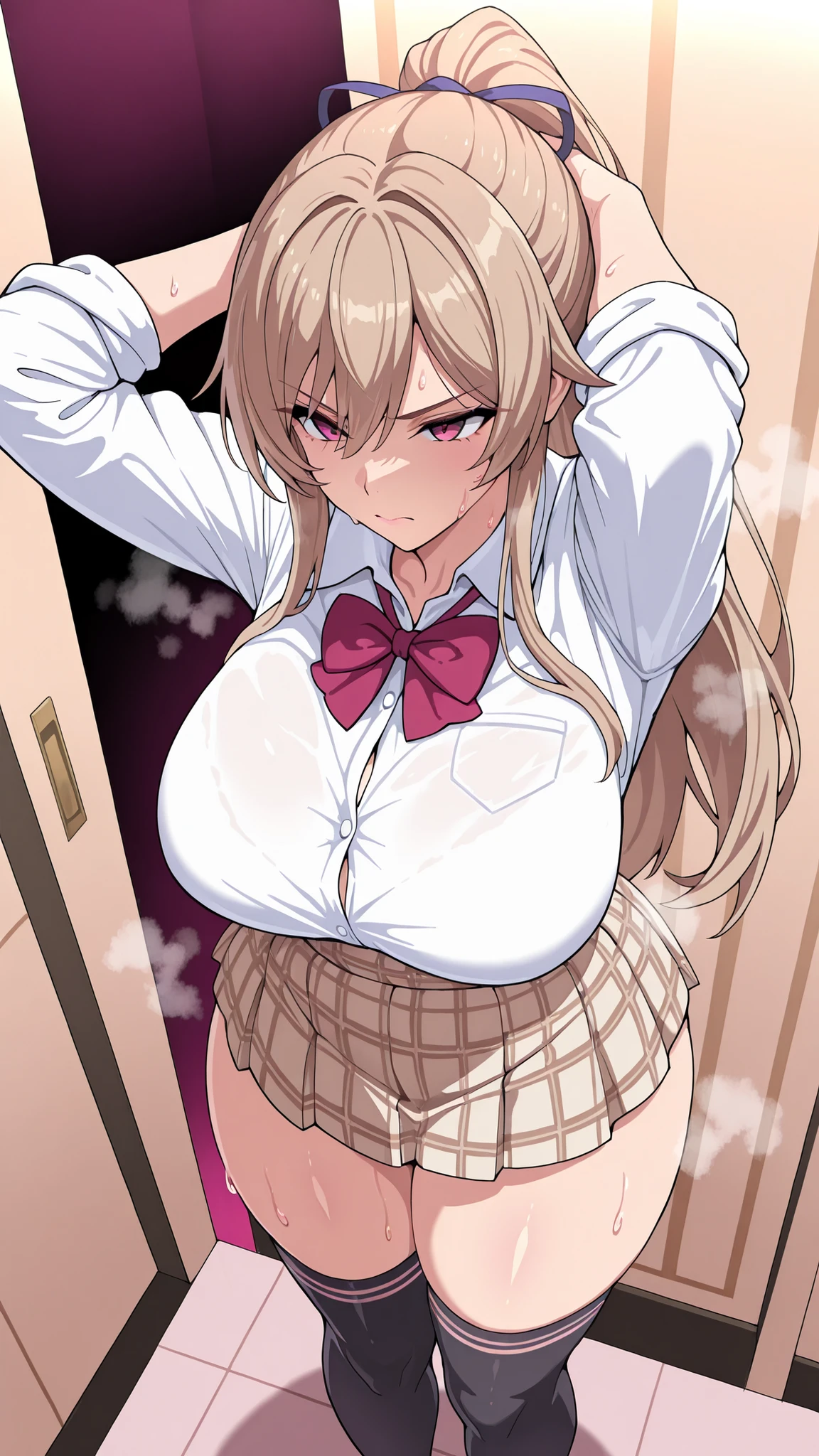 1 person pink hotel,Julen E. Lustario,ponytail,serious face,high school girl uniform,beige pattern skirt,black thigh high socks,long sleeve white shirt with arms rolled up,Standing,slightly thick thighs,from above,hands are behind the head,Legs and legs,Steaming,sweat