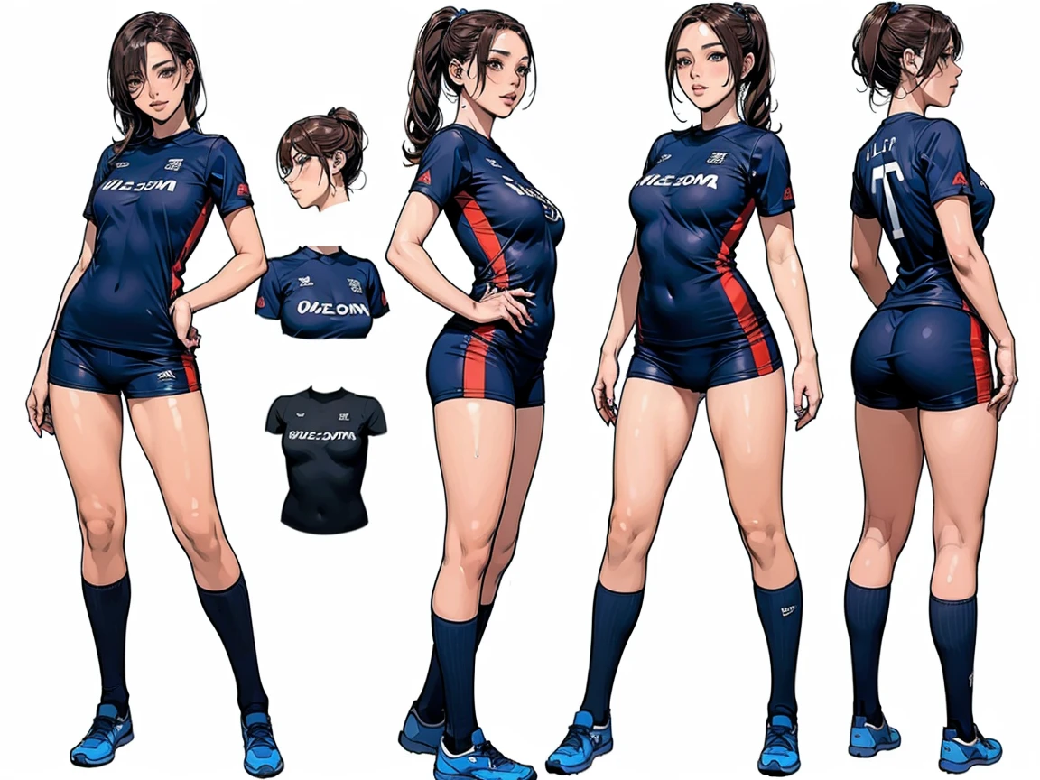 ((masterpiece)),(((best quality))),((character design sheet)), ((full body view)),((vulgar)), illustration,thick thighs,1girl,big tits,((between breasts)),pussy juice,wearing an Wet sexual soccer uniform and soccer shoes
