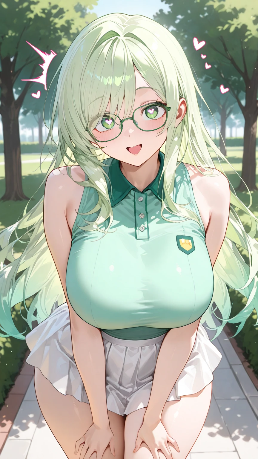 Kissing, pouting, lips, huge boobs, fat boobs, squeezing boobs, pig tails, sandy blonde hair, glasses, green eyes, croptop, bench, tree, concrete path,trees towering around the path, bushes, pretty Bushes