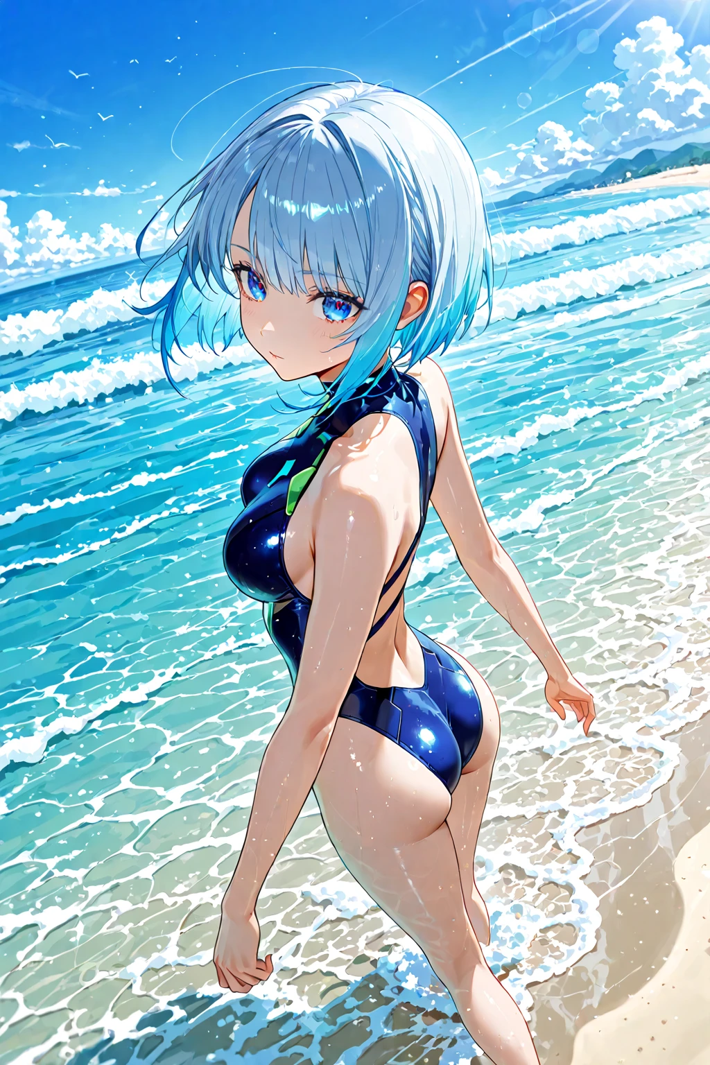 <lora:AyanamiReiV6:0.7>, 1girl, ass, ayanami_rei, beach, black_swimsuit, blue_hair, blue_sky, blurry, breasts, cloud, cloudy_sky, competition_swimsuit, cowboy_shot, day, depth_of_field, horizon, looking_at_viewer, ocean, one-piece_swimsuit, outdoors, pool, poolside, red_eyes, shore, short_hair, sky, solo, standing, swimsuit, water, waves
