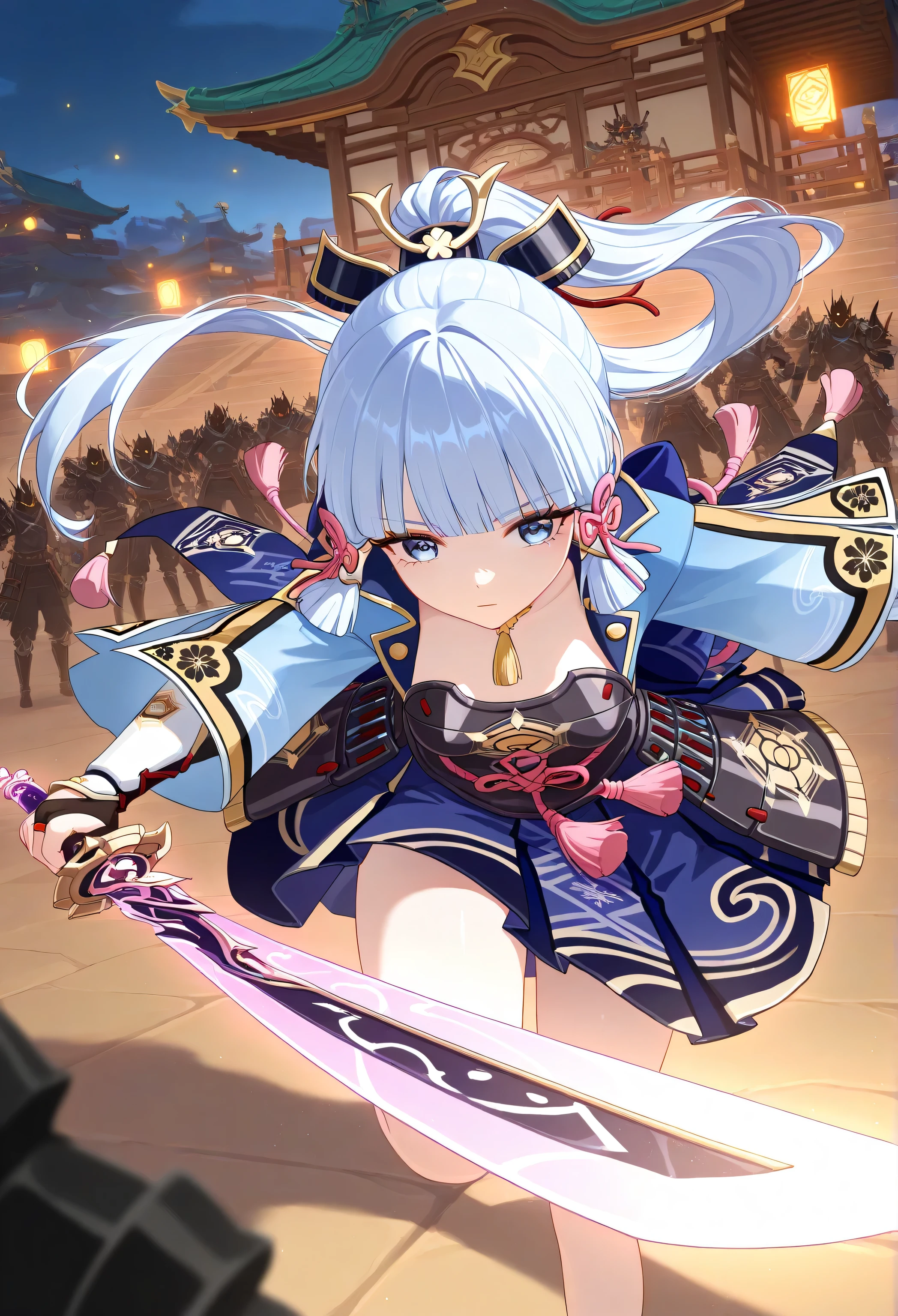 Battlefield, surrounded by several enemies, Multiple characters, 1girl, ayaka kamisato\(genshin impact\), dynamic Fighting, japanese architecture, east asian architecture, outdoor, hyper detailed, high contrast, depth of field, ray tracing, best lighting, cinematic composition, beautiful face, beautiful eyes, sharp focus, masterpiece, best quality, very aesthetic, absurdres, detailed background, manhwa, soft details, expressive eyes, detailed look, soft atmosphere, cute style, solo, long lower and upper eyelashes, carefully crafted hair and eyes, sword, holding weapon, special attention is paid to the illustrations of the characters