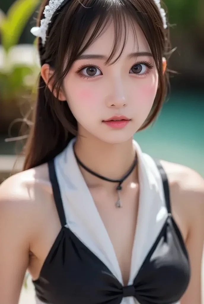 (1 nogizaka girl,raw photo,photo realistic:1.5),(best quality, high quality,HDR, highest quality,ultra high resolution,high resolution,high res,ultra high difinition,huge file size,8K,2K wallpaper,8K wallpaper,high quality texture,amazing,an extremely delicate:1.4),one girl, Japanese famous idol,beautiful face,small face,absurd,ridiculous,incredibly ridiculous,portrait,breasts close up,blurry background,(bikini,maid,cleavage,no makeup:1.2),medium skin,beautiful skin,detailed skin,small head,black hair,silky hair,(Japanese eyes:1.3),detailed eyes,black eyes,Japanese idol eyes,Japanese nose,5-fingers,(Light Particles, Lens Flare, Luminous Particles: 0.7),looking at viewer,bright lighting,professional lighting,girl