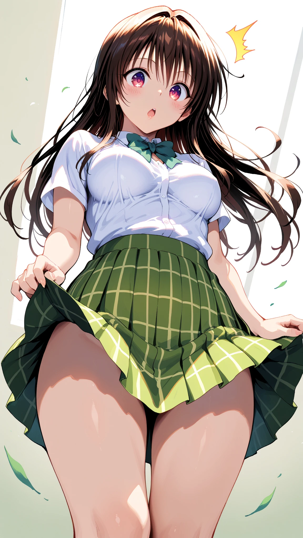 (Masterpiece, best quality:1.2), 1 girl, alone,stand_separate, 
Yuki food, brown eyes, brown hair, hair accessories,long hair,green plaid skirt, Sainan High School student uniform, , white shirt, yellow sweater,No underwear

