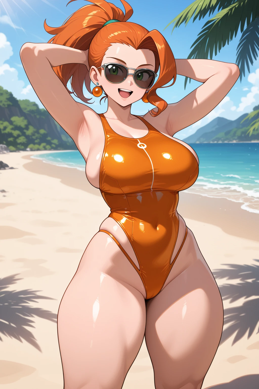 A beautiful woman with long, round hair and short braids is standing in an orange high-cut leotard that accentuates her breasts.。
