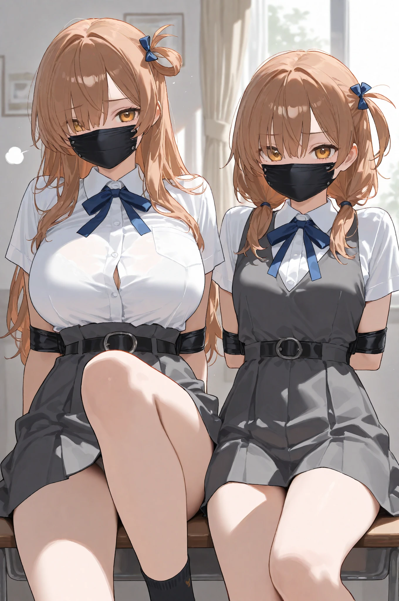 2girl, seductive eyes, blush, cute, blue eyes, brown hair, glasses, mouth gagged wearing blue bra, wearing blue panties, no pants, arms tied on back, legs spread and taped, bondage, bdsm, best quality, masterpiece, highres