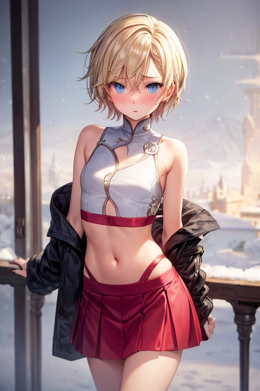 (photorealistic:1.8, highest quality:1.8,8K masterpiece:1.8,High resolution,muste piece:1.8),snow mountainに立つ1人の23歳の女性,cyber punk,(red flared skirt,Red combat uniform、choker), detailed eyes:1.7,double eyelid:1.6,detailed eyes:1.8,beautiful skin:1.8, (looking at the camera:1.2),(photo seen from behind:1.3),(Medium Hair:1.2,bright blonde:1.5), expression(Pleased:1.3,blushing:1.3),(Moderate chest:1.3),Pause(Seductive pose:1.5),background(snow scene:1.5,snow mountain:1.3,Ski resort),(slender, abs:1.2),(detailed perfect face),normal hands:1.5,normal finger:1:5,normal feet:1.5,(cameltoe)