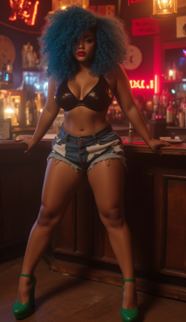 18 year old, surreal latina girl, dark tan skin, straight blond hair, orgasm, soaked, sweating, with freckles，clevage, hands on kees, view from above, crying, screaming, hyper realistic, very Sexy look, provocation, in laboratory, jean shorts and tie-dye bra, night time, magic energy, pink glowing slime