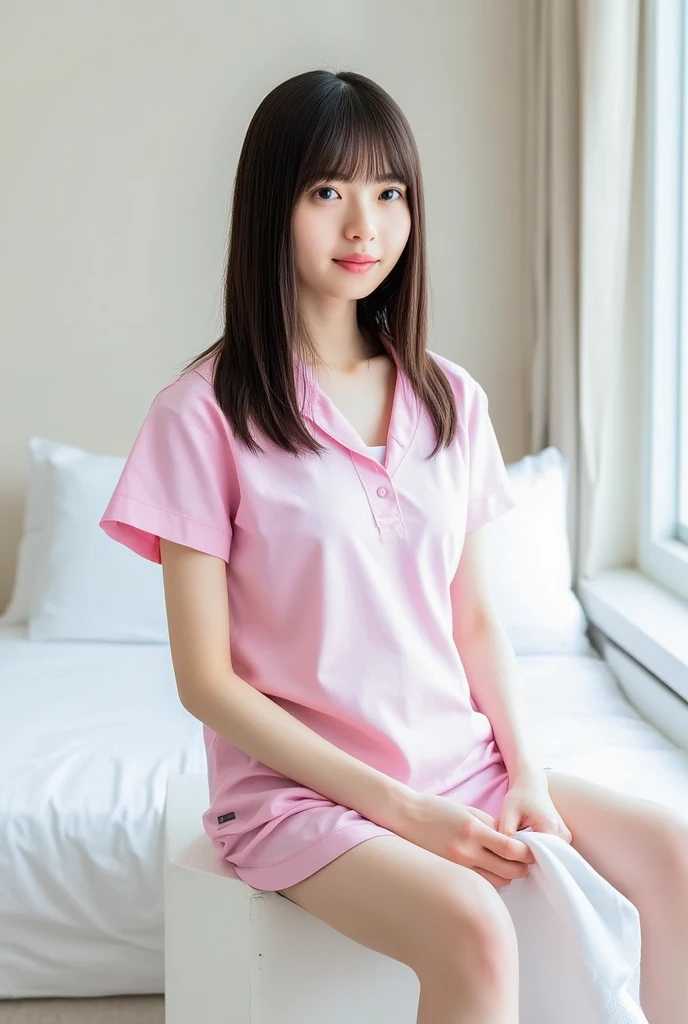 Japanese 6th grade girl,Student uniform with skirt,Lying in bed,(Open-legged position),((Pink checked panties are visible))