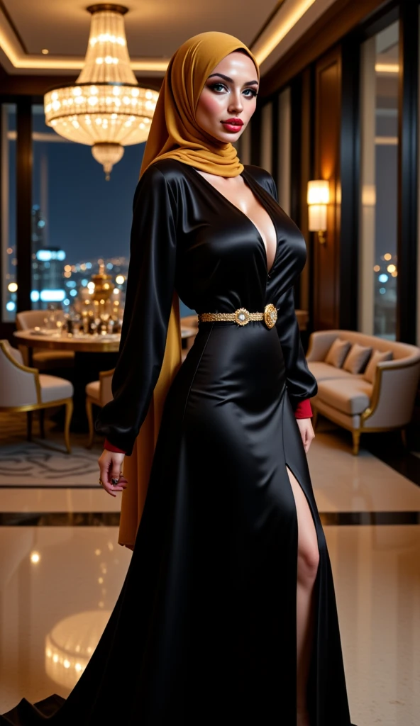 a woman in the night gown, wear blazer,carry a bag,wearing glasses,look at camera, modern hijab, full body, long satin,mermaid tight long gown, flowy dramatic long gown, tall women, under the night rain, wet ,under street lamp, walk in hurry, wear high heels, masterpice.