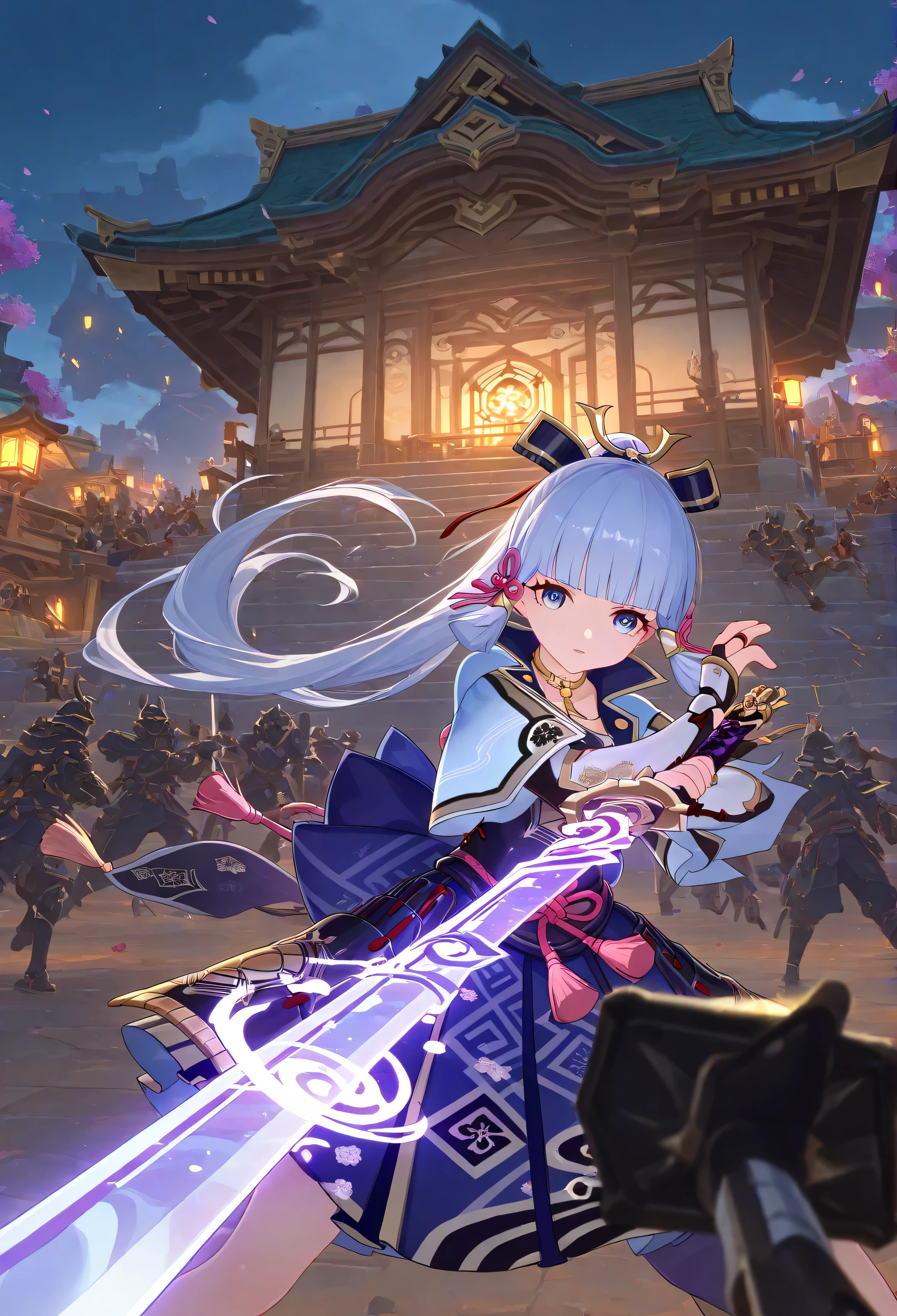 battlefield, are surrounded by several enemies, Multiple roles, 1 girl, Kamisato Ayaka\( Genshin\), Dynamic fighting, East Asian Architecture, outdoor, highly detailed, High Contrast, Depth of field, ray tracing, best lighting , Cinematic Composition, Pretty faces , Beautiful Binocular, Sharp Focus, masterpiece after sex, best quality, Very Beautiful, ultra-high resolution, detailed background, comics, Pastel Details , expressive eyes, See, Cafe with a soft atmosphere , style, solo, long lower and upper lashes, well-crafted hair and eyes, sword, holding a weapon, Pay special attention to character illustration
