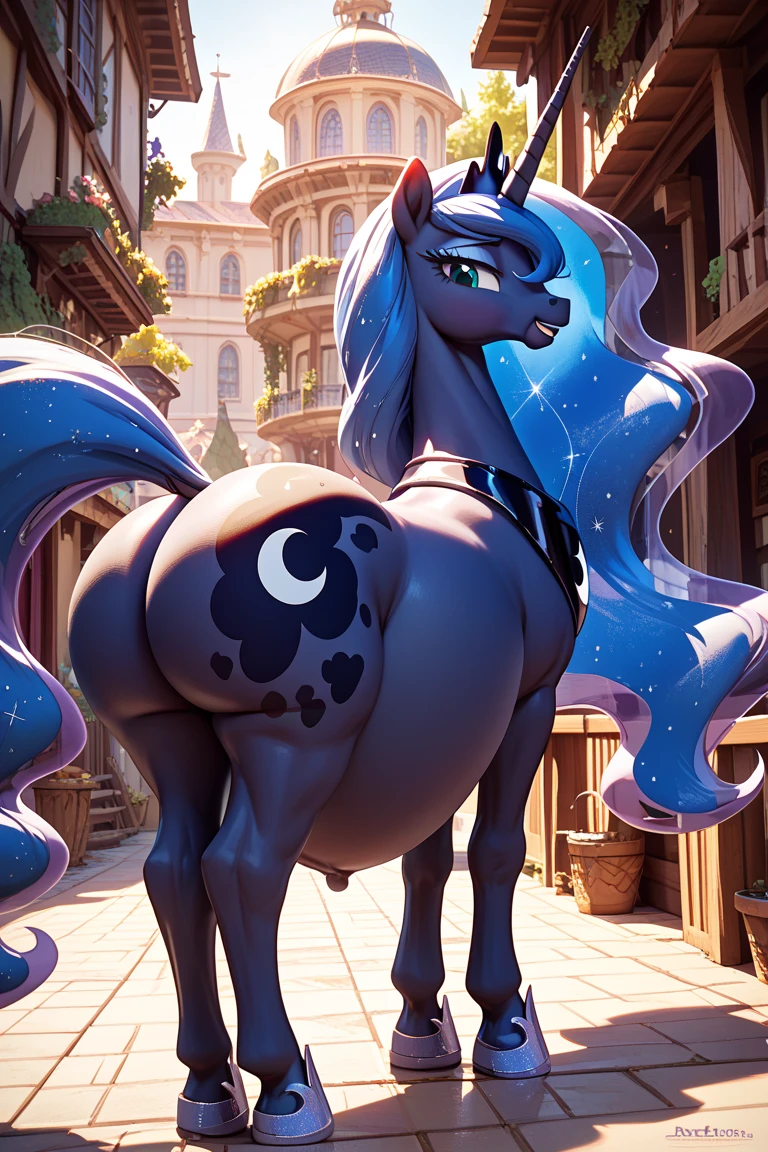(((my little pony))), solo, ((woman costume)), beautiful pony body, ((seductive perky big butt)), behind view, (((shining armor))), ((4 legs)), radiant lighting, vibrant colors, whimsical atmosphere, 8K, high resolution, highly detailed, masterpiece, vibrant and luminous, dynamic and imaginative, beautiful and enchanting, charming and captivating