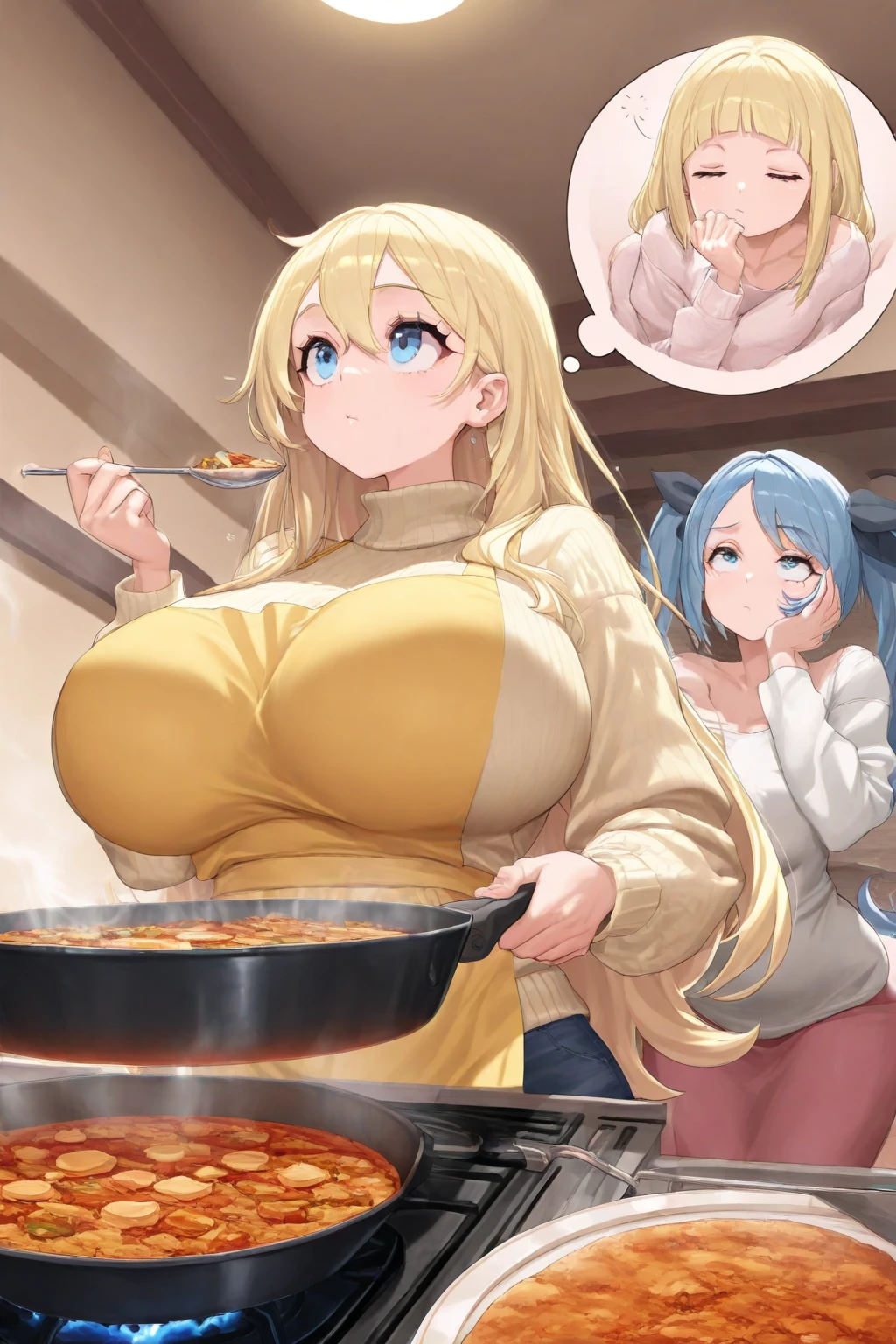 {best quality}, {{masterpiece}}, {highres}, extremely detailed girl, duo, {2girls}, sexy girl, cooking, 2girls_A_and_B, {A girl is pyra \(xenoblade\), red hair, red eyes}, {B girl is mythra \(xenoblade\), blonde hair, yellow eyes}, (cooking apron, naked), huge breast, (detailed kitchen background, fridge), surprised, blush, <lyco:MultipleGirlsGroup:1>, <lora:pyra_mythra:0.5>