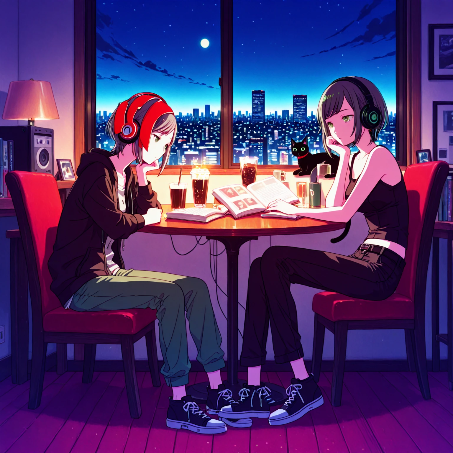 (masterpiece), Highest quality, Expressive eyes, Neon pastel aesthetics, Retro 90s, Neon color,((Girl sitting on sofa,In a cozy room,Records hanging on her wall, Comic books on the floor, Looking out the window behind her at the night city, Upholstered room, Anime figures lined up on a shelf)), Wearing headphones, (All around her it sparkles), (wearing thick colorful sneakers), (blue eyes), (Soft look), (Synthwave Art Style), Colorful Hair, Desk with PC set up