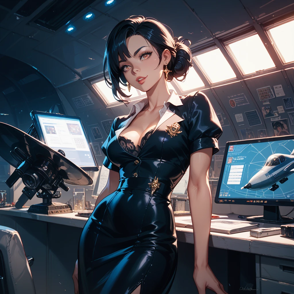 ((((A young woman))), the anime, Green eyes, (black hair), Nice face, ssmile, the perfect body, Wavy Hair, hairlong, (((morena))), big breastes, ((tmasterpiece, beste-Qualit)), illustartion, ультра детализированная 8k, Photorealistic, sharp-focus, higly detailed, Professional lighting, colorful details, Rainbow colors, Glowing, intricate detials, Vivid details, black leather dress, High-heeledshoes, décolleté, Straps, short dress, chains on the hands, hande, Chained, outer space, Star, Planet, space ships,Being imprisoned, fishnet stockings