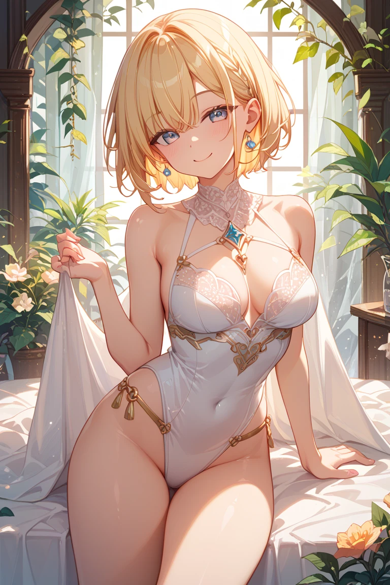 超detailed、Transcendently beautiful、Open chest, Wheat-colored flutter、Elf、Portrait of a beautiful 20-year-old girl,night、The dark light shines、A view of the World Tree in the distance , detailedな背景画、Dark Forest、Blue Eyes, detailedな目、detailedな手脚、Red, orange and green lighting、particle、Bright red lips, (masterpiece) (Highest quality) (detailed) (8K) (High resolution) (Cinema Lighting) (Sharp focus)、alone、Blonde、short hair、((blush: 0.8)), Natural skin texture, Transparent skin、Delicate body, hair ornaments、Swimwear、Dripping Water、Clean sweat、