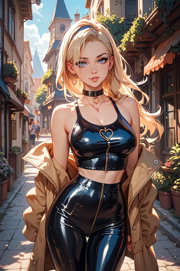 (((Blonde stunning hair))), (blue eyes), blue necklace, Golden earrings, Fit, Gorgeous Body, gorgeous, brown eyebrows, (two moles over lip), big pupils, (23 years old), 1girl,solo, complex skin, warm light, (large breasts), wide thighs, round butt, 5 fingers, ((blushing)), ((detailed face, best quality)),(beautiful detailed eyes), red lip, eyeshadow, beautiful face, long hair, very detailed eyes, intricate details in eyes, perfect lips, good lighting, ((masterpiece, Best quality, a high resolution, ultra detailed),(beautiful and aesthetically pleasing:1.2, show most body), 1 woman, high short ponytail, Beautiful, Detailed eyes and face, cleavage , ((hot small latex bra, not top and short leather skirt)), Converse sneakers, golden hour, Field of Flowers, complex parts