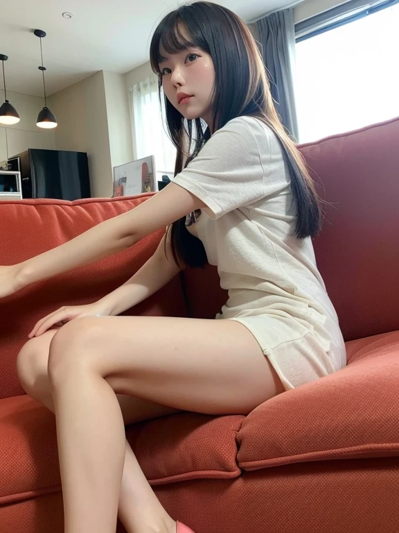 A Japanese Lady、beauitful face、二重まぶた、Big eyes、Black sunglasses、cabelos preto e longos、white  shirt、micromini skirt、 beauty legs、Raw feet、Clean bare feet、pin heels、tall、super long legs、model poses、Sexy legs、sit a chair、cross one's legs、Leg Pose