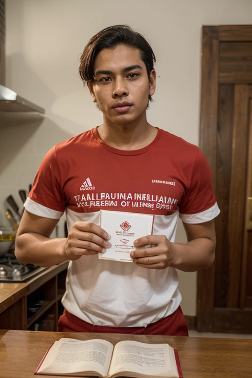 Gym body 24 years old Brown Guy wearing fitting T-Shirt with covered his mouth and eyes with red clothes, also head and hair not covered for protest against genocide. In background, there will be red and green horizontal lines in the background. (for Facebook profile picture)