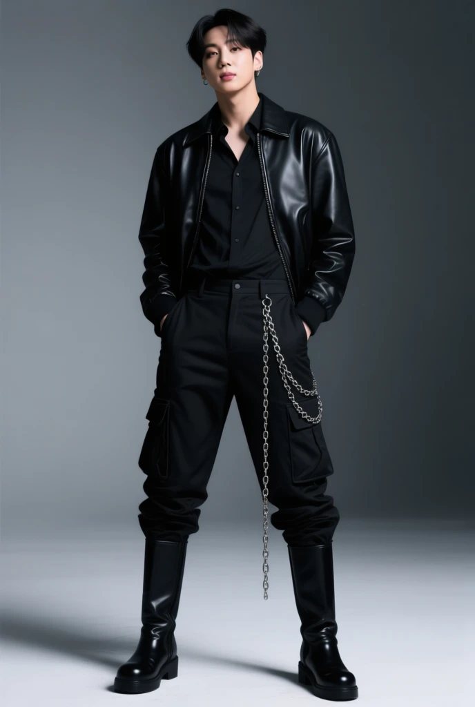 Men, black long hair with big bangs, pale skin, blue eyes, rocker shirt, leather jacket, black pants, black combat boots, belts,