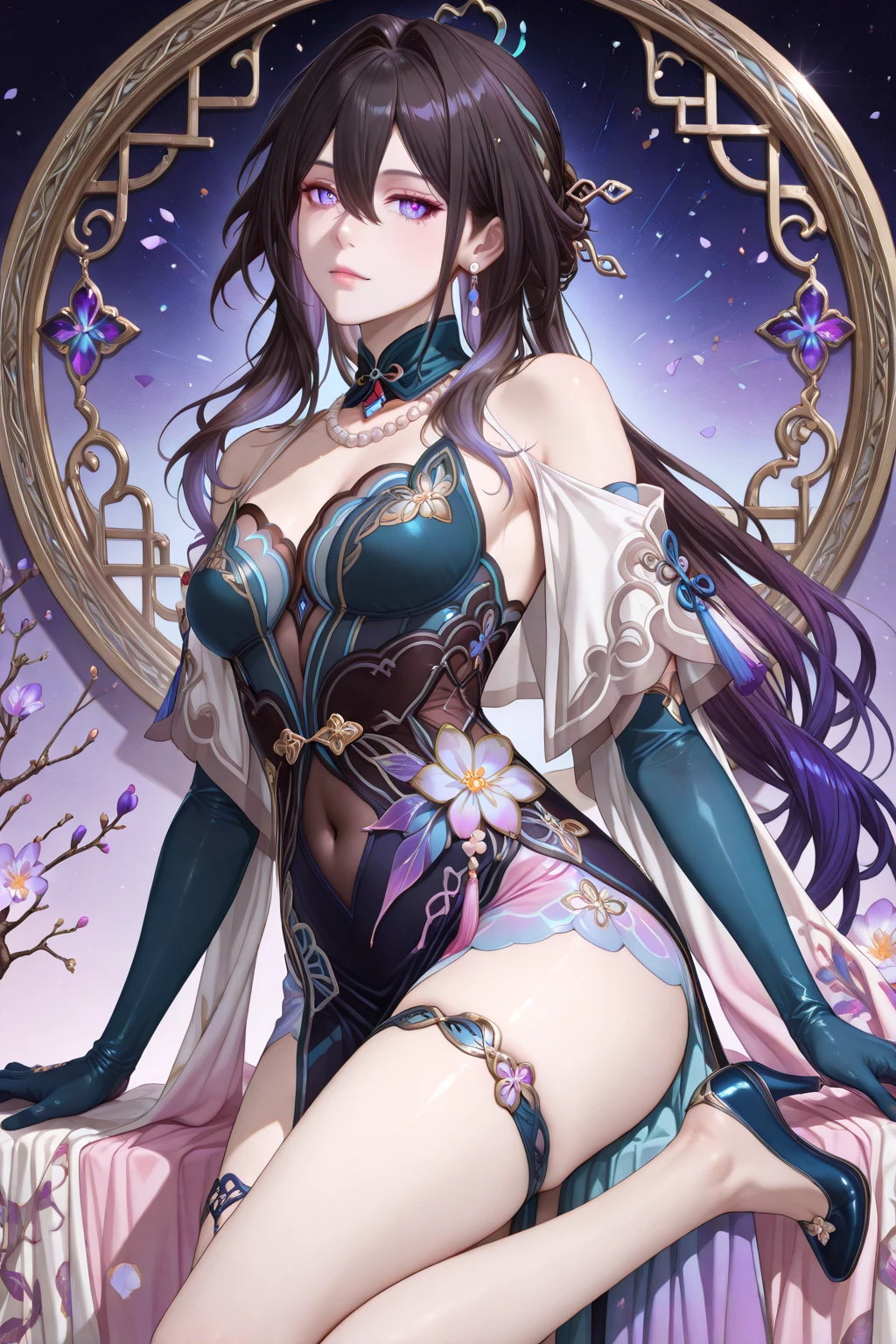 A female with small breasts, slim body, tempting body, nice bare legs, bare tights, bare arms, bare shoulders, nice cleavage, long hair, black hair, silk bed, silk mattress, soft bed, silk ornament, night lighting, night time, flowers hair piece, feathers, particles, light rays, (1girl:1.3), extremely detailed, (fractal art:1.1), (colorful:1.1), (flowers:1.3), (zentangle:1.2), (masterpiece, top quality, best quality, official art, beautiful and aesthetic:1.2), highest detailed, (seiza pose), (curtain background:1.3), (shiny skin), (many colors:1.4), (earrings:1.4), (tight short kimono:1.2), sexy eyes, innocent, smile, sweet, beautiful, attractive body, gorgeous, pink blush, waiting, want something.
