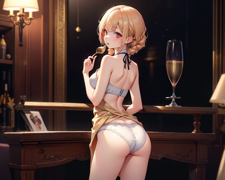 Exciting image of an adult woman, medium breasts (neither small nor big), beautiful curves, average ass (neither small nor big) it's exciting , is in the kitchen looking for something in the sink, butt cocked, innocent, short camisole, nothing underneath, witheout panties . Low angle showing all its beauty , work of art, movie theater.