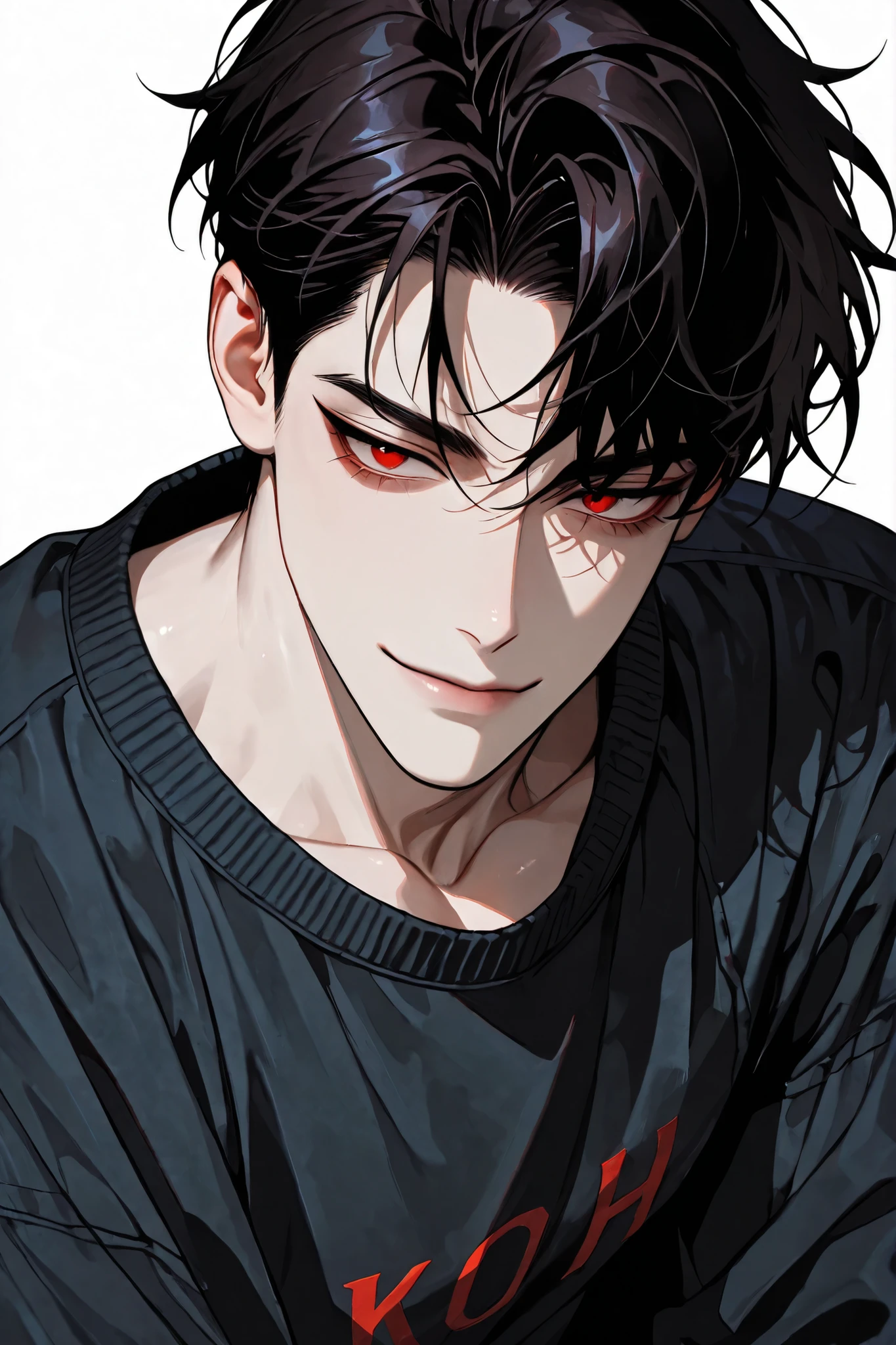 A handsome Korean adult male with dark hair and red eyes has a slender and soft impression, has a strange smile, wears a loose, comfortable style sweatshirt, and is skinny., white background, close-up, Healthy skin tone