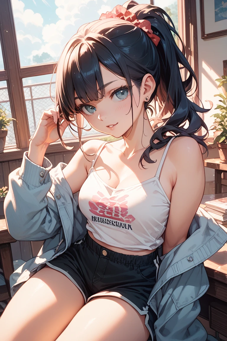 masterpiece, best quality, highly detailed, high resolution, expensive resolution, high resolution, 4k, 8k, uniform 8k wallpaper, highly detailed CG, masterpiece, 2d, 3d, beautiful details, depth, fine texture, best quality: 1.3, perfectly focused, crispy. skin, him, very cute anime girl, name is Mei, short twintails, idol, tank top, denim mini skirt, pink short twintails wearing expensive, mole under eye, looking at the viewer, expensive, blush, mole, parted lips, pink eyes, heart shaped choker, smiling face