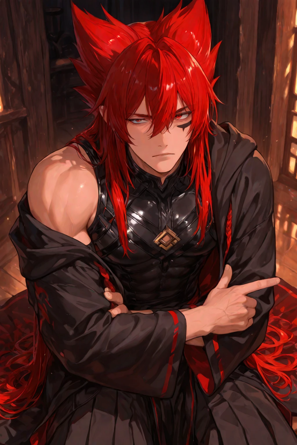 (masterpiece, best quality, high quality), 1young man, ((not impressed)), sitting, looking at the viewer, red hair, (long hair, disheveled hair), yellow eyes, :(, hair ponytail, black and red clothes, blood, sinister background